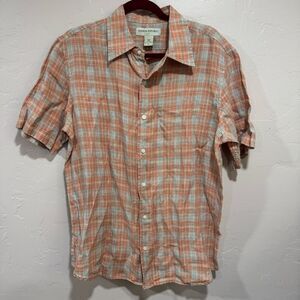 Banana Republic Linen Button Up Shirt Mens Orange & Blue Check Casual